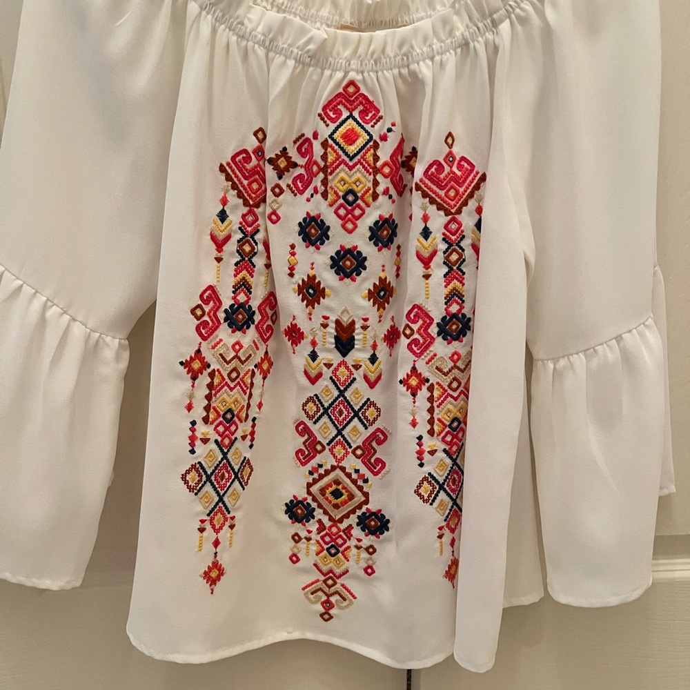 Savanna Jane Cream Peasant Blouse with Bright Geometric Embroidery